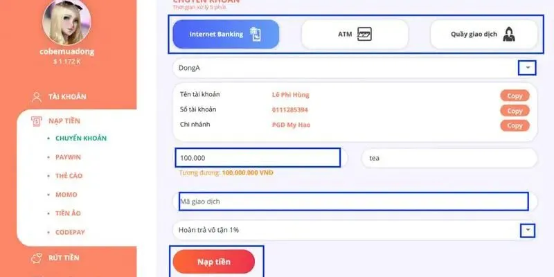 Dùng phương thức chuyển khoản để vào vốn cá cược